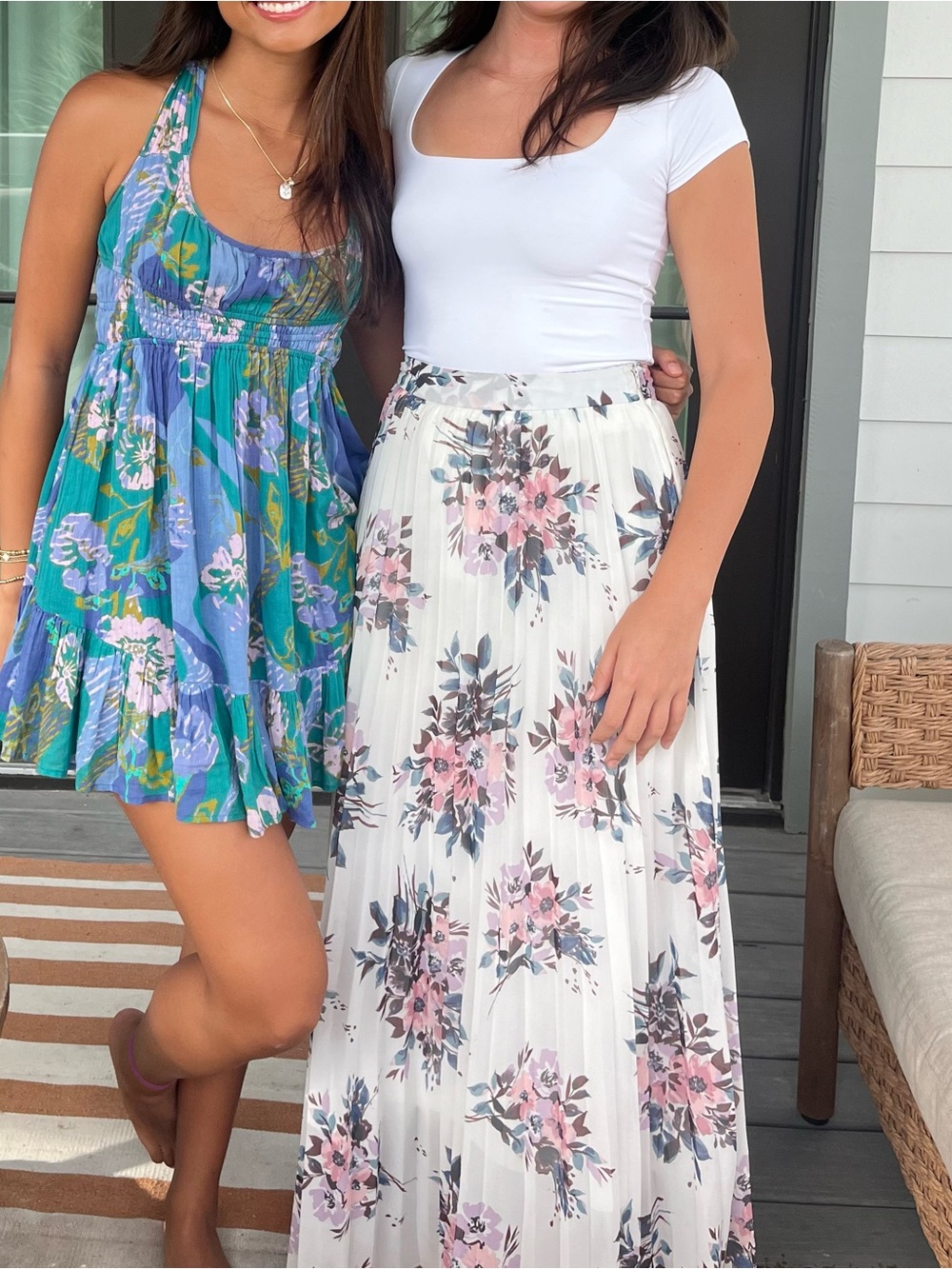 Charlotte Russe White Pleated Floral Maxi Skirt with Pink and Gray Blooms